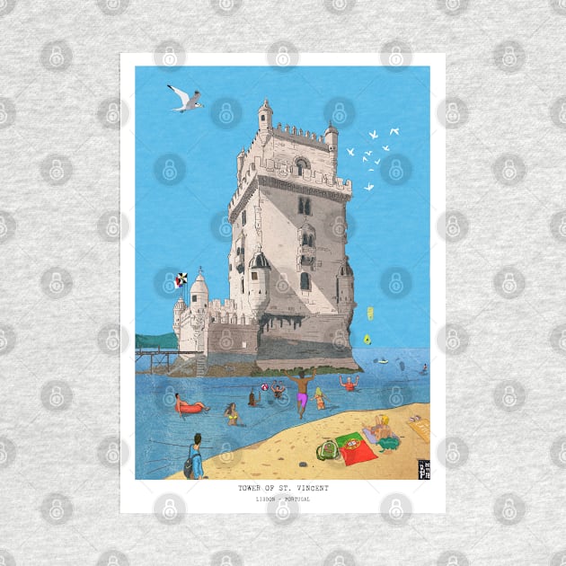 Belém Tower, Tower of Saint Vincent Lisbon Whimsical Illustration by Wall-Art-Sketch